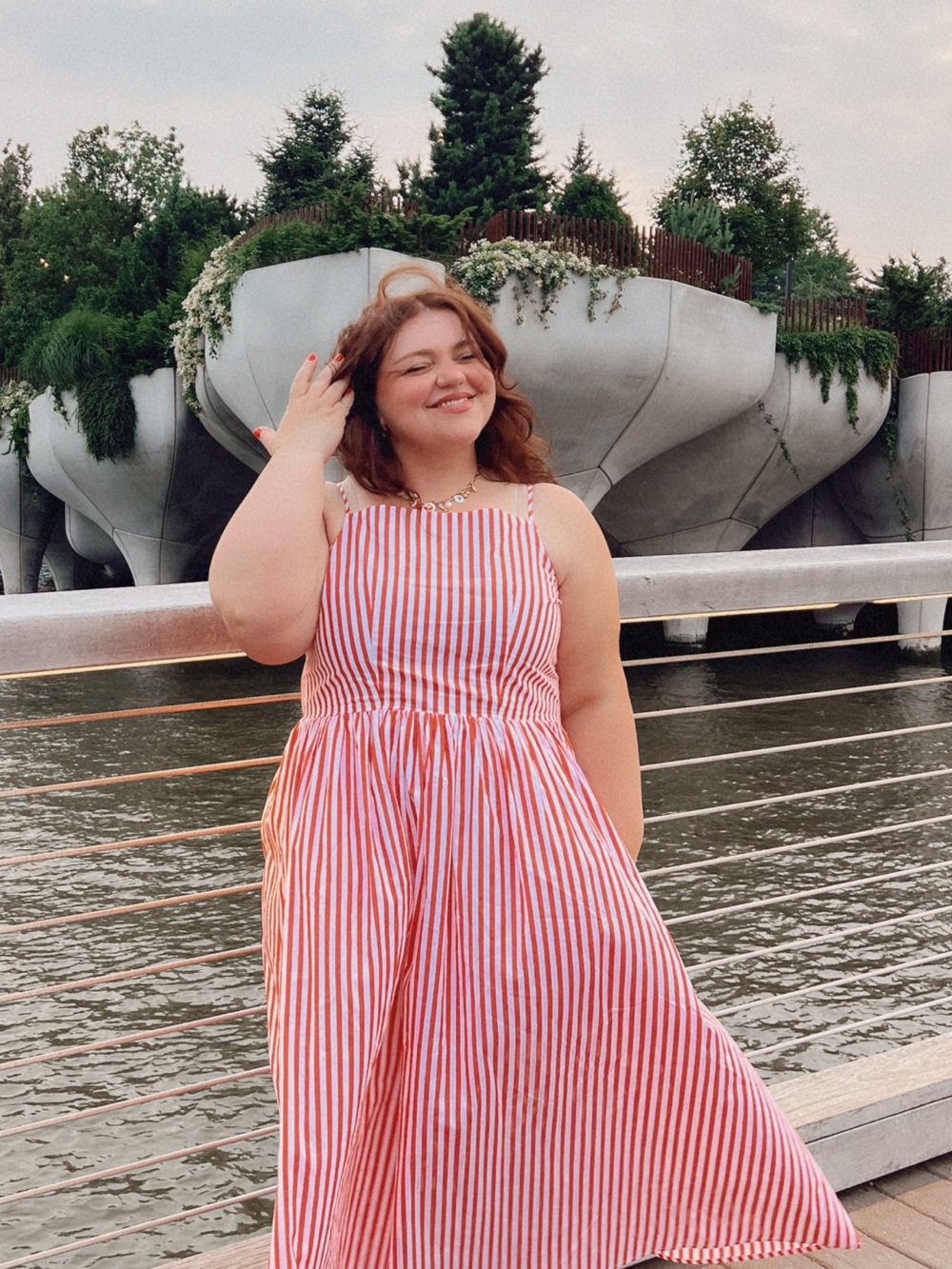 Red & White Striped Midi Dress with Square Neck